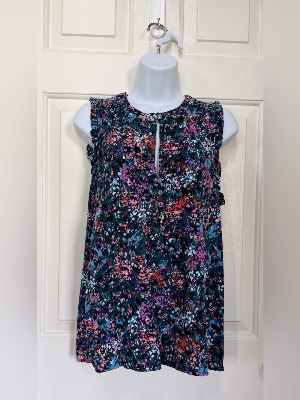 Time and Tru Teal Floral Button-Front Blouse with Black, Pink, & Coral Accents